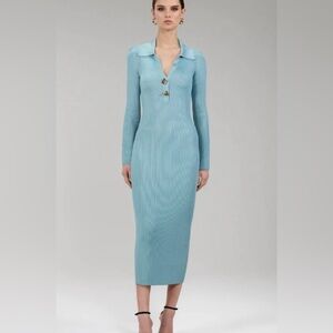 Self Portrait Ribbed Knit Blue Dress